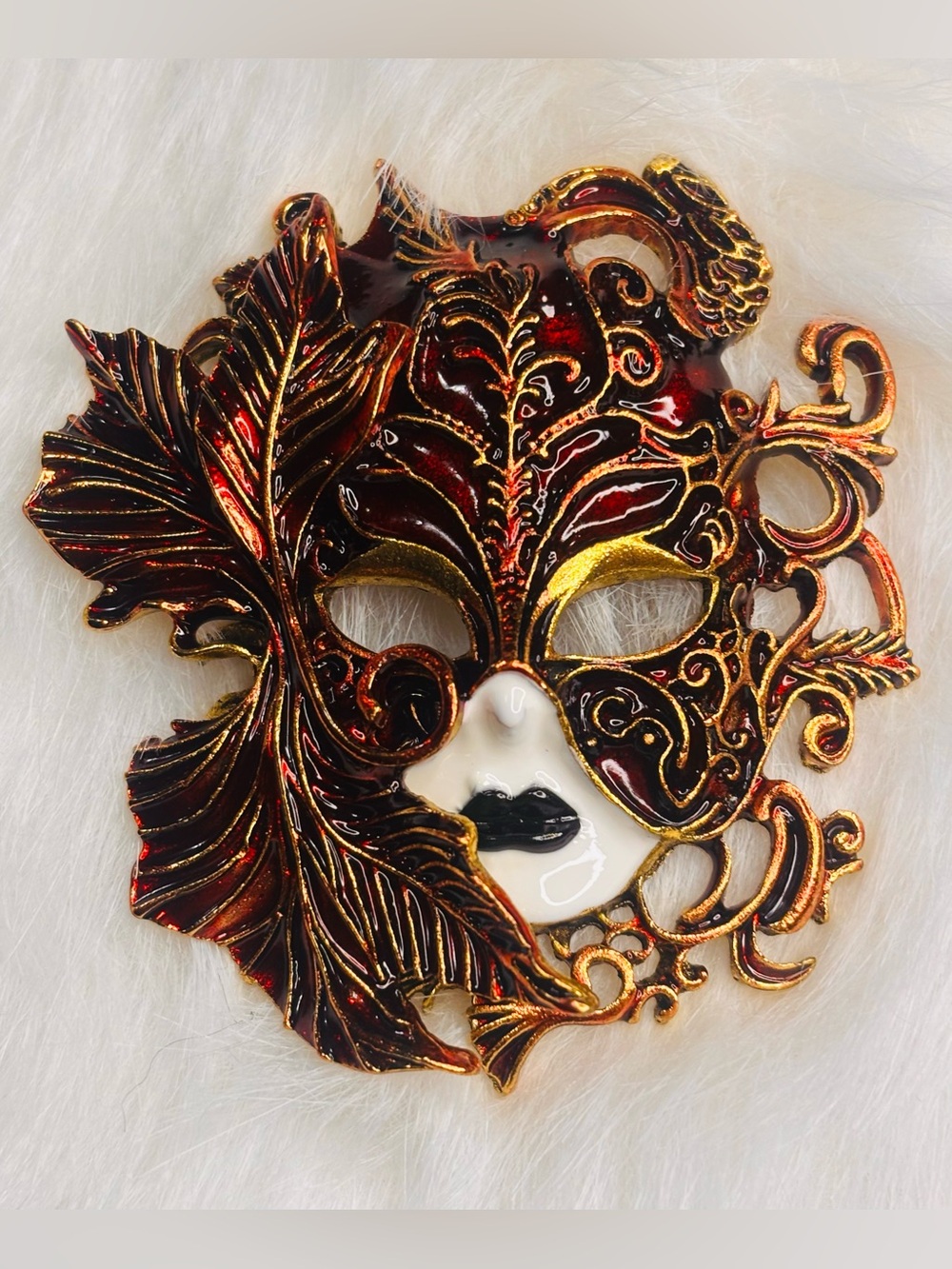 Burgundy & Gold Venetian Masquerade Mask Brooch – Large Statement Pin